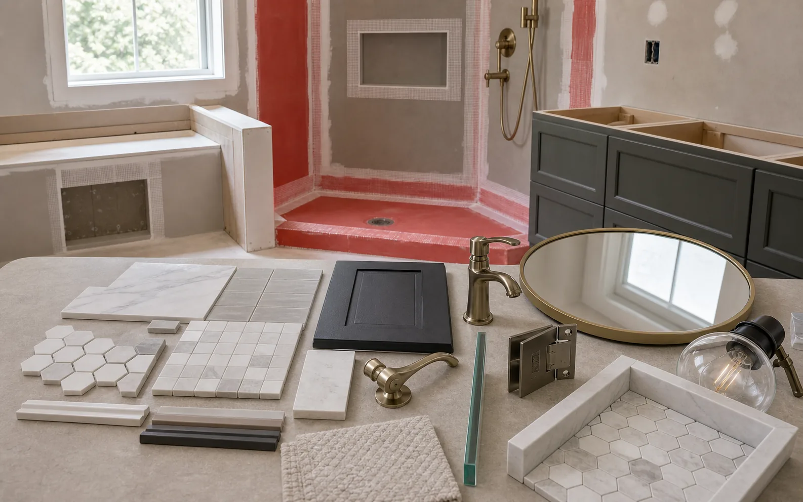 Bathroom selections planning with tile grout fixtures glass hardware vanity lighting and mirror samples