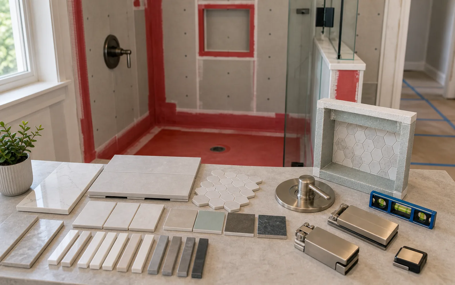 Bathroom tile and grout selection with waterproofing in background shower trim glass hardware niche and level