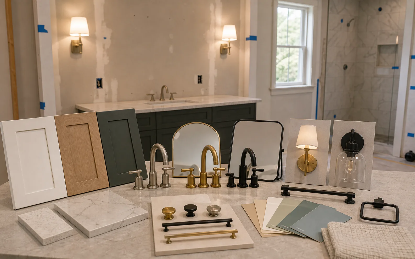Bathroom vanity and lighting selection with faucet finishes mirror shapes sconce options hardware and swatches