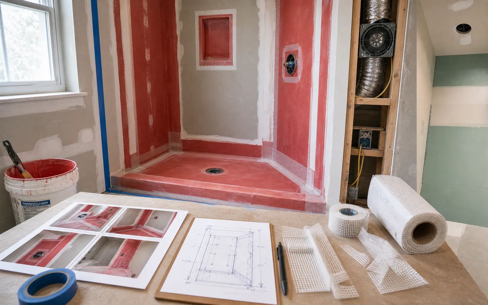 Bathroom shower waterproofing weak points before tile including curb niche valve wall and drain
