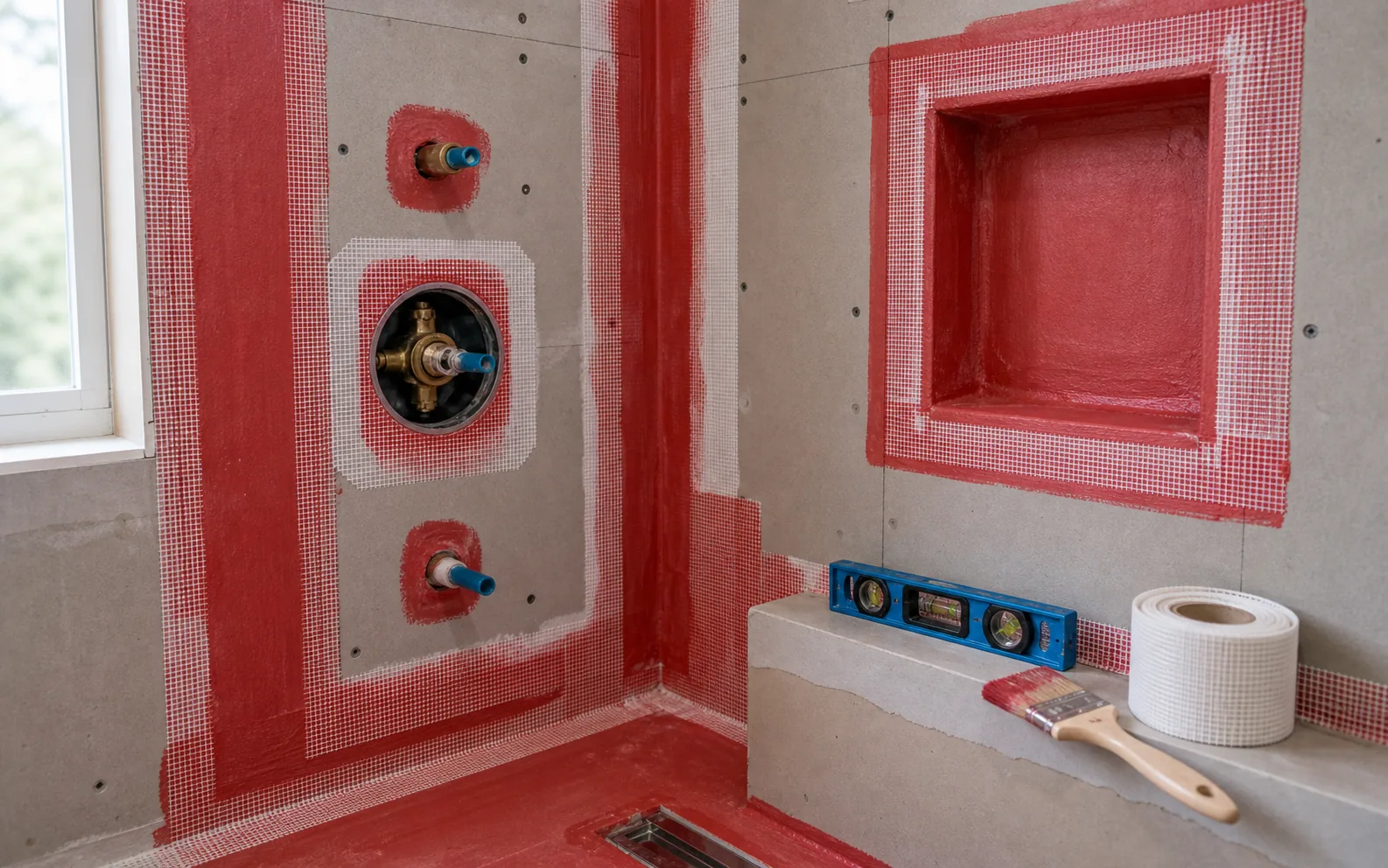 Bathroom waterproofing detail at niche valve wall pipe penetrations and sloped surface