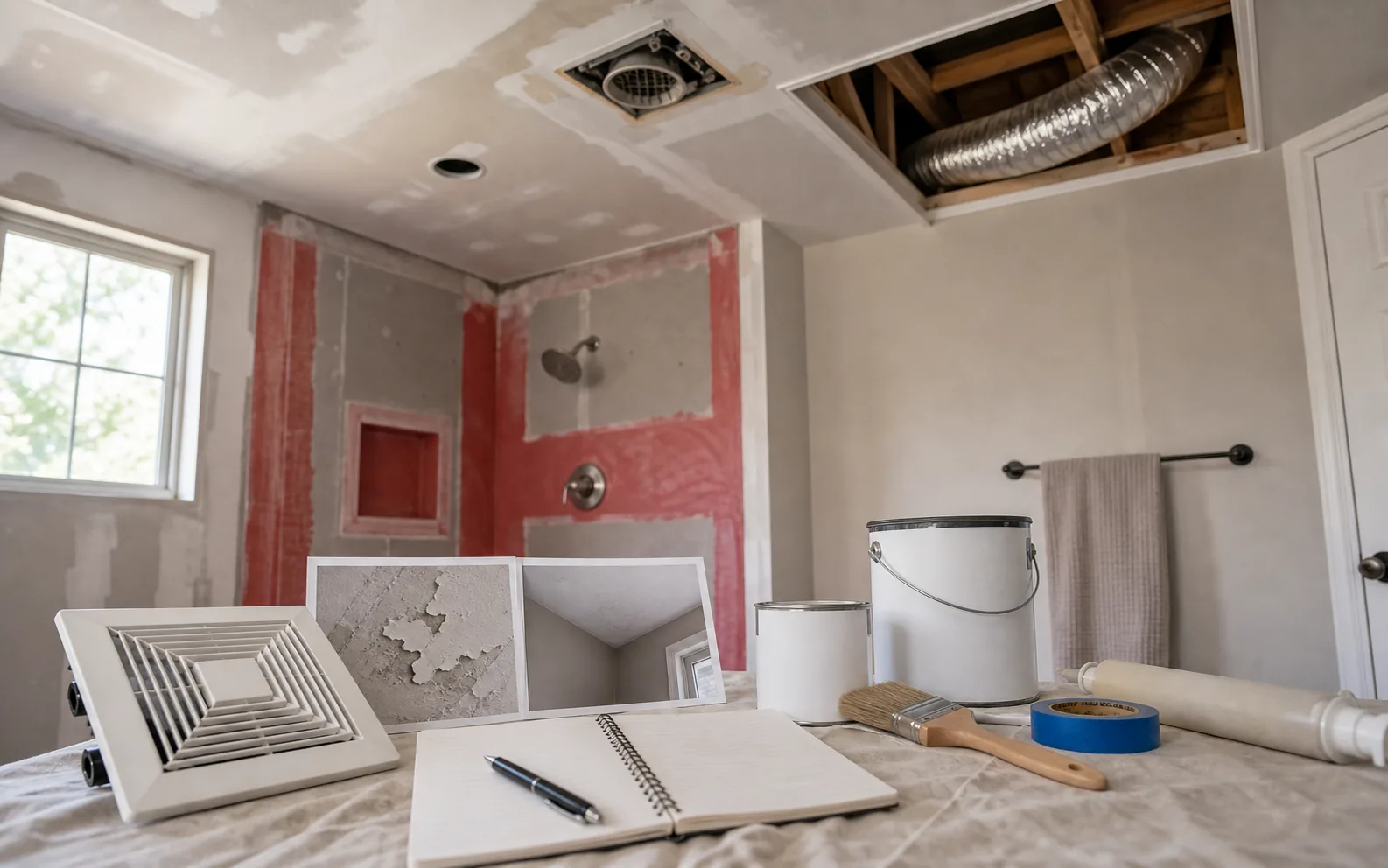 Bathroom ventilation and ceiling moisture prep with fan grille duct access paint materials and ceiling work