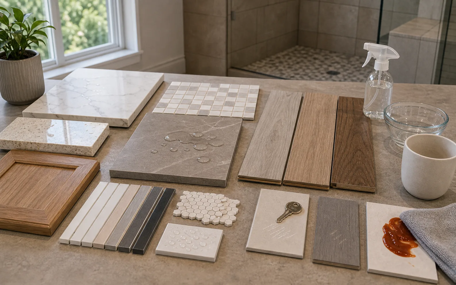 Durable material comparison with wet room tile flooring samples grout cabinet finish counter and test props