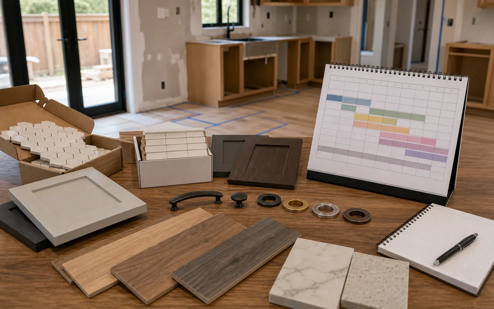 Material lead time and fit review with cabinet samples tile fixture rings flooring and schedule blocks