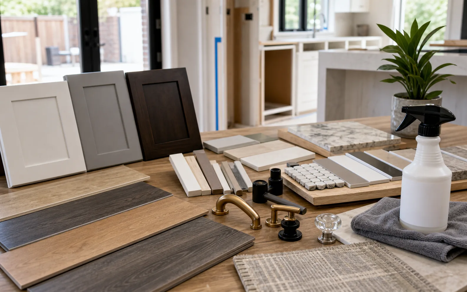 Material selection table with flooring porcelain tile grout cabinet counter and fixture finish samples