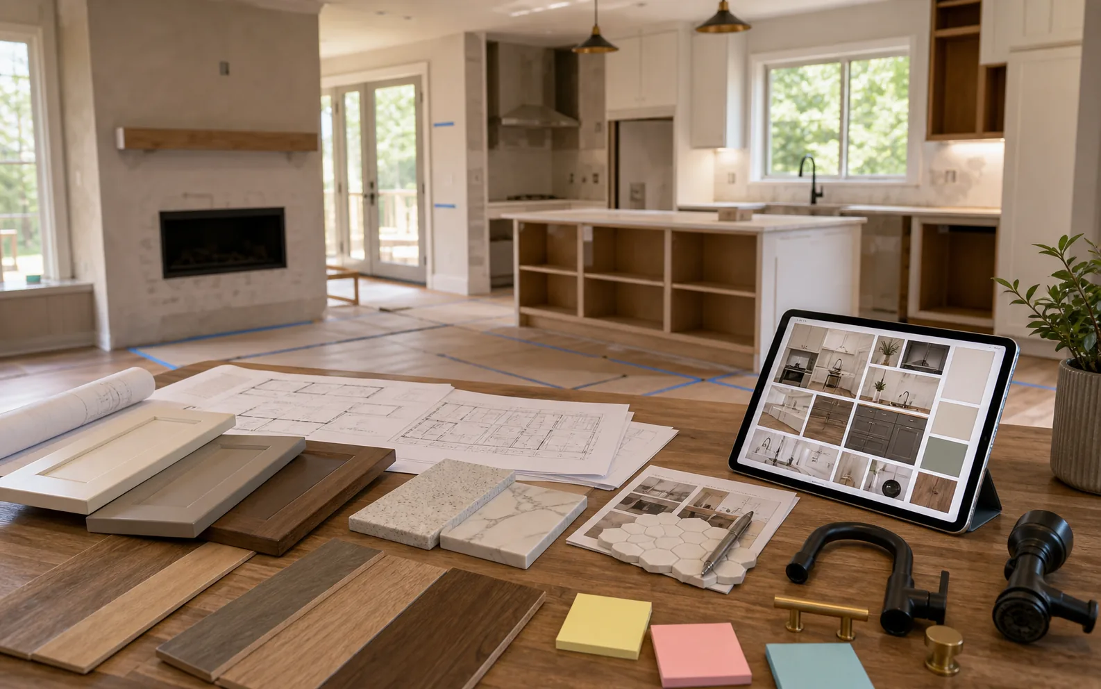 Collaborative remodel planning table with samples plans tablet and active home remodel context