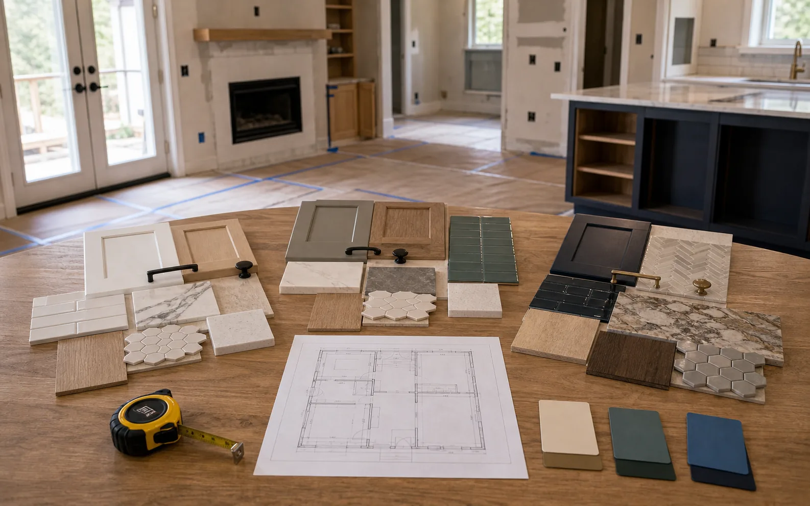 Collaborative remodeling option review with material groups floor plan decision cards and room context
