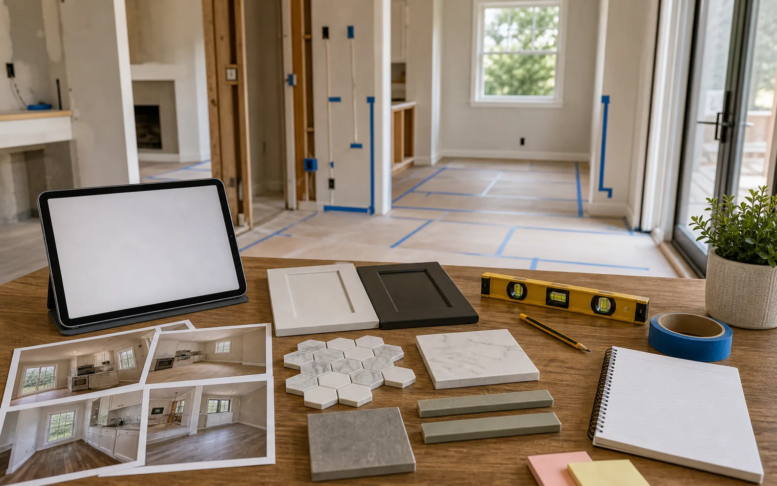 Collaborative remodel walkthrough preparation with tablet project board room photos samples level and blue tape