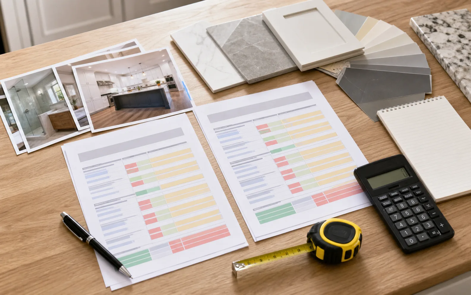 Two remodeling estimates compared beside project photos calculator tape measure and material samples