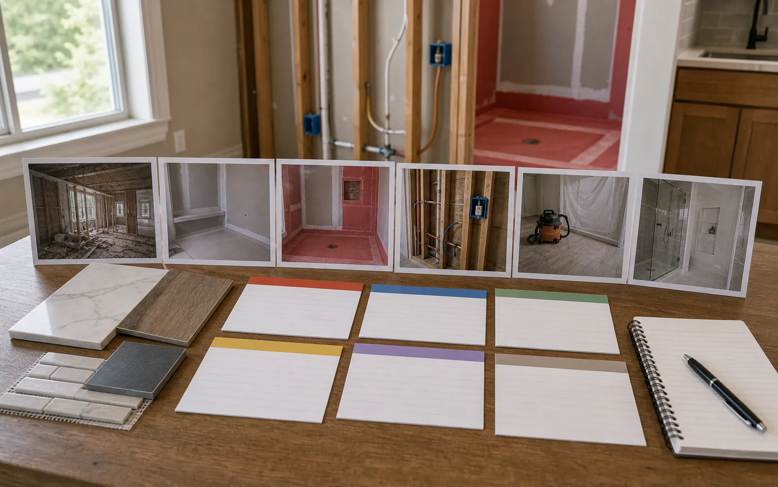 Estimate scope gap planning with cards for demolition prep waterproofing electrical plumbing cleanup and warranty
