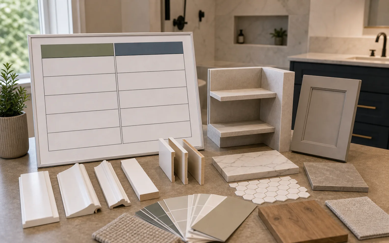 Standard and custom finish detail comparison with trim reveals built-in shelf cabinet edge and samples