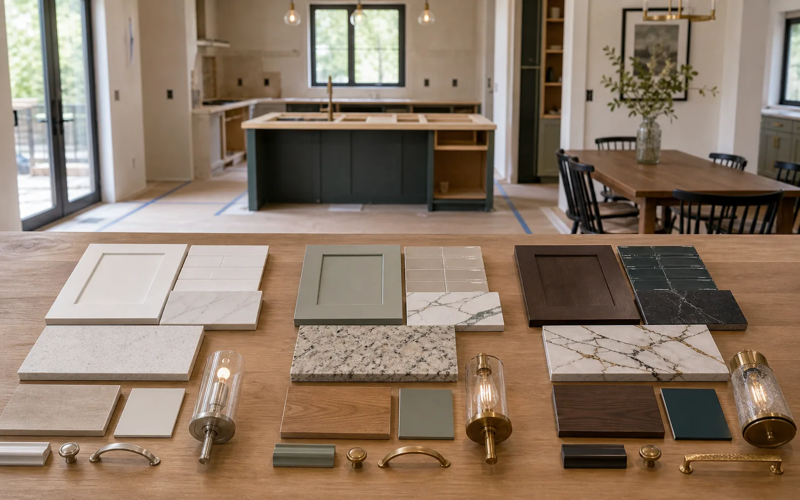 Three grouped remodeling finish packages comparing tile counters cabinets lighting and hardware