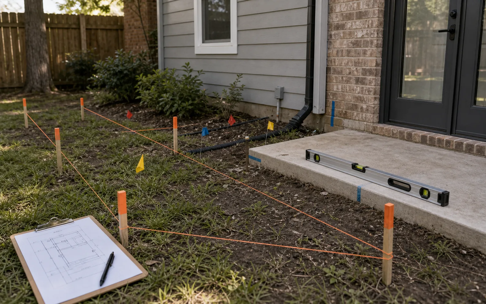 Home addition footprint marked with stakes string level downspout drainage path and utility flags