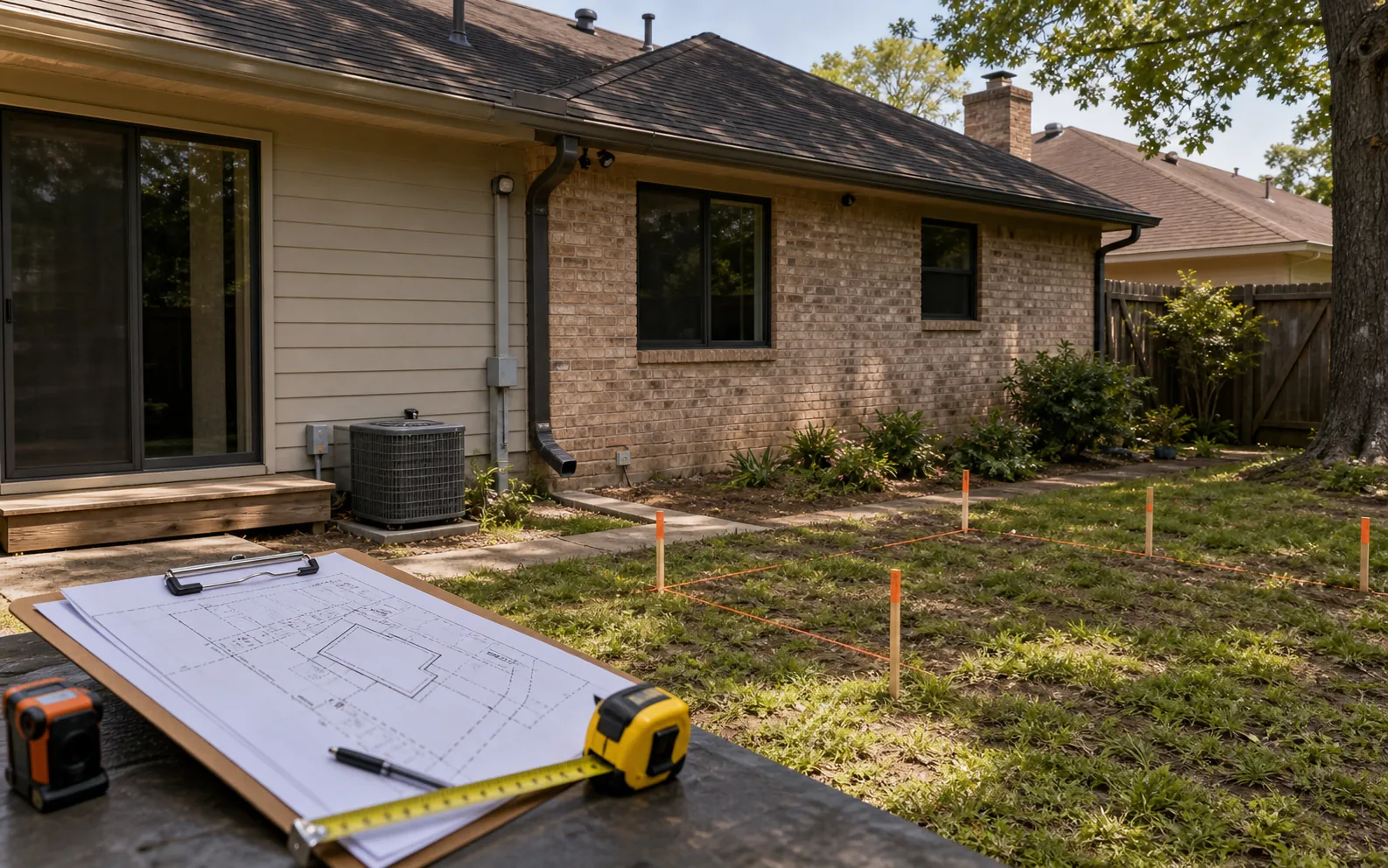 Houston home addition planning with exterior wall roof tie-in downspouts yard stakes and survey