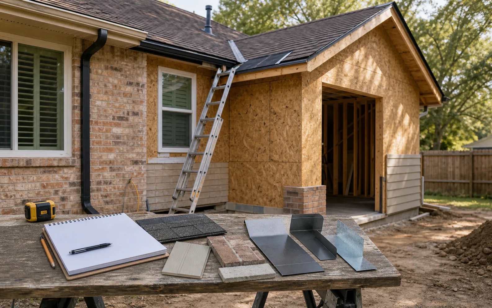 Home addition roof tie-in planning with ladder gutter roofline flashing siding and sketch pad