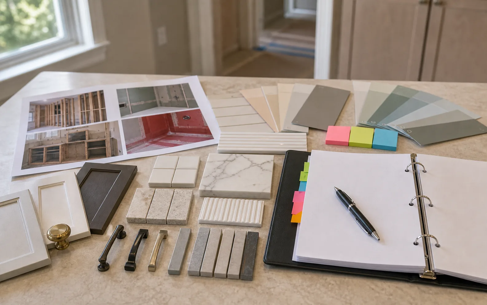 Decision log approval detail with hardware grout paint cards progress photos blank binder and pen
