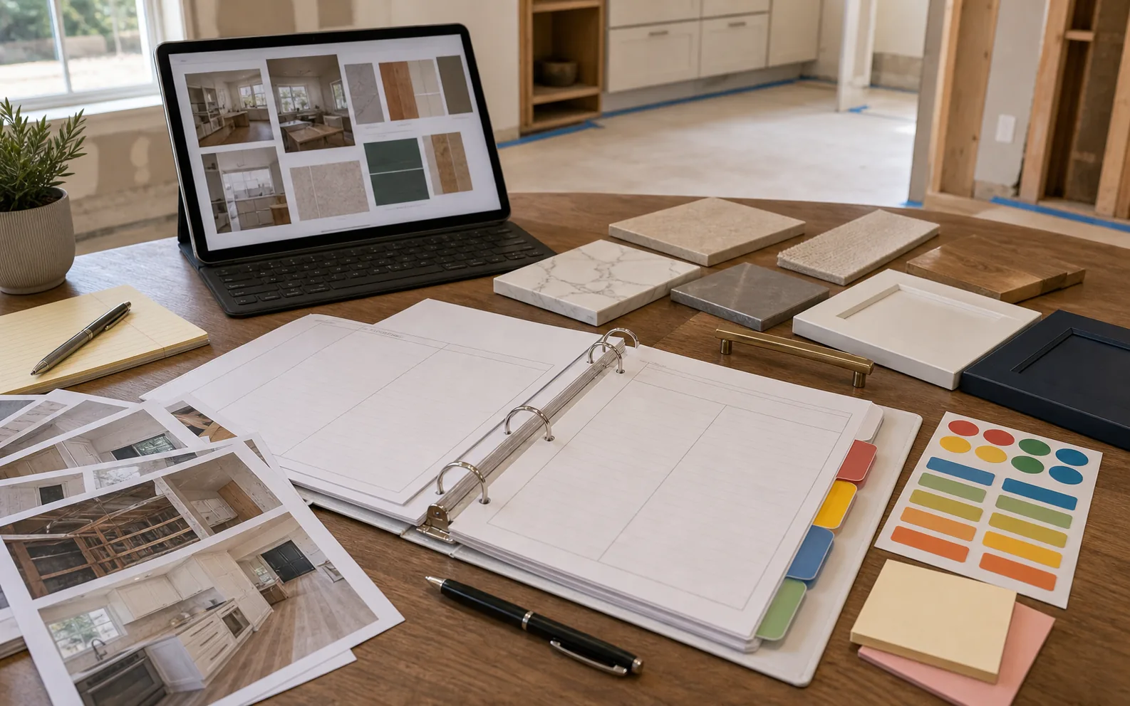 Homeowner decision log binder with finish samples hardware progress photos and project board