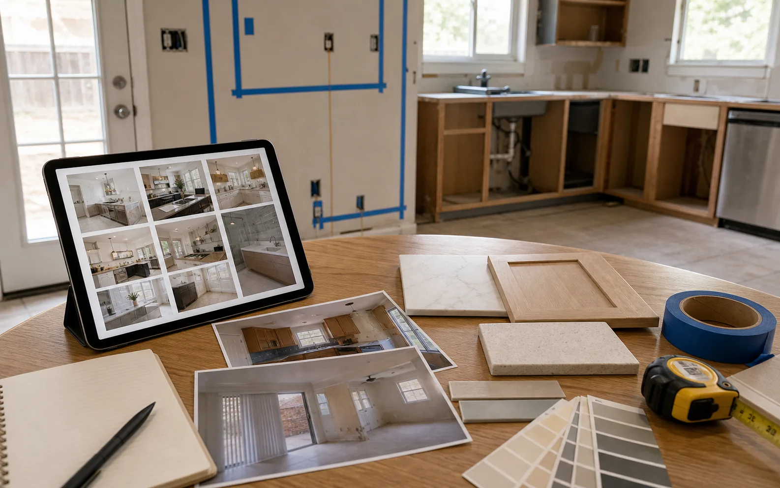 Inspiration photo planning with tablet room photos material samples tape measure and existing wall constraints
