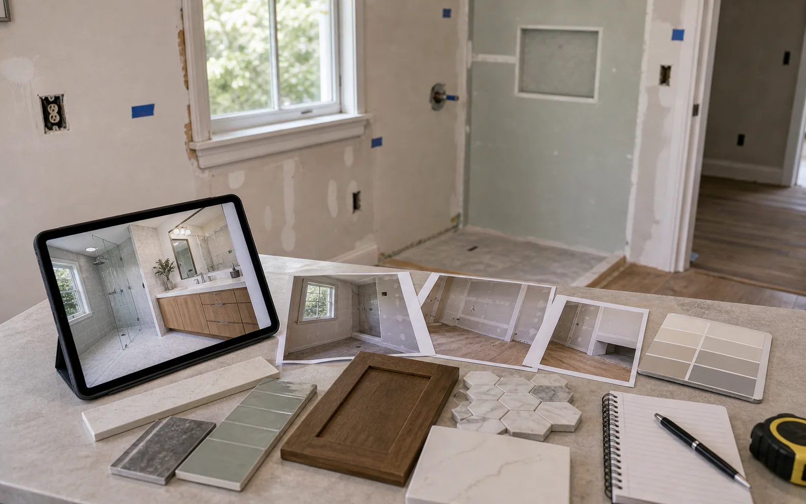 Inspiration image beside real site constraints including outlets window trim uneven wall and floor transition
