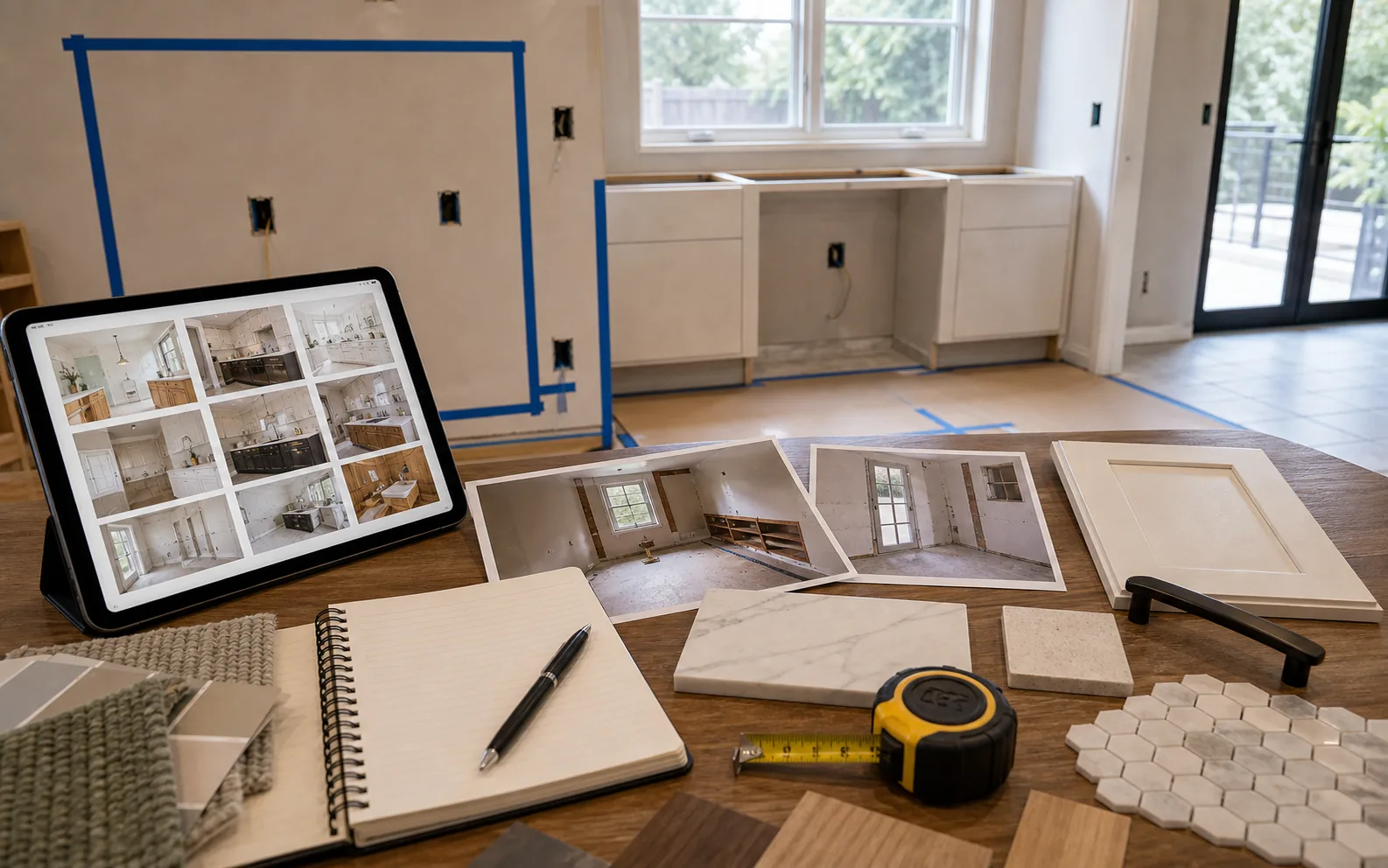 Inspiration photo translation with tablet thumbnails actual room photos tape measure samples and wall constraints