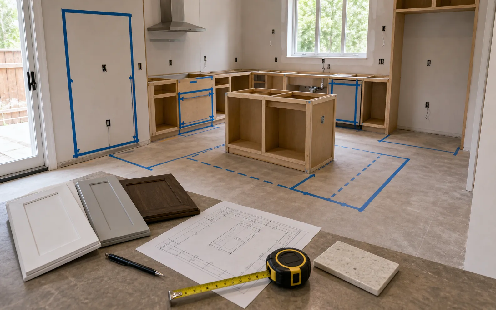 Kitchen appliance and island clearance planning with blue tape outlines and cabinet samples