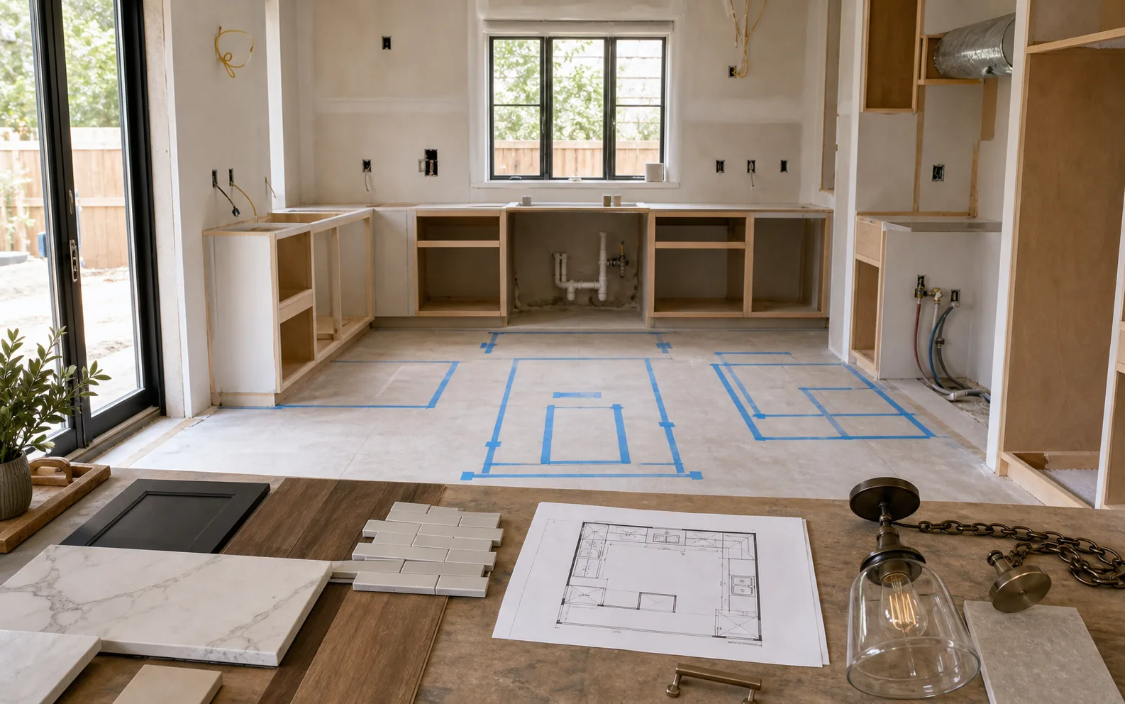 Kitchen remodel in progress with cabinet layout marks appliance tape samples and rough-in planning