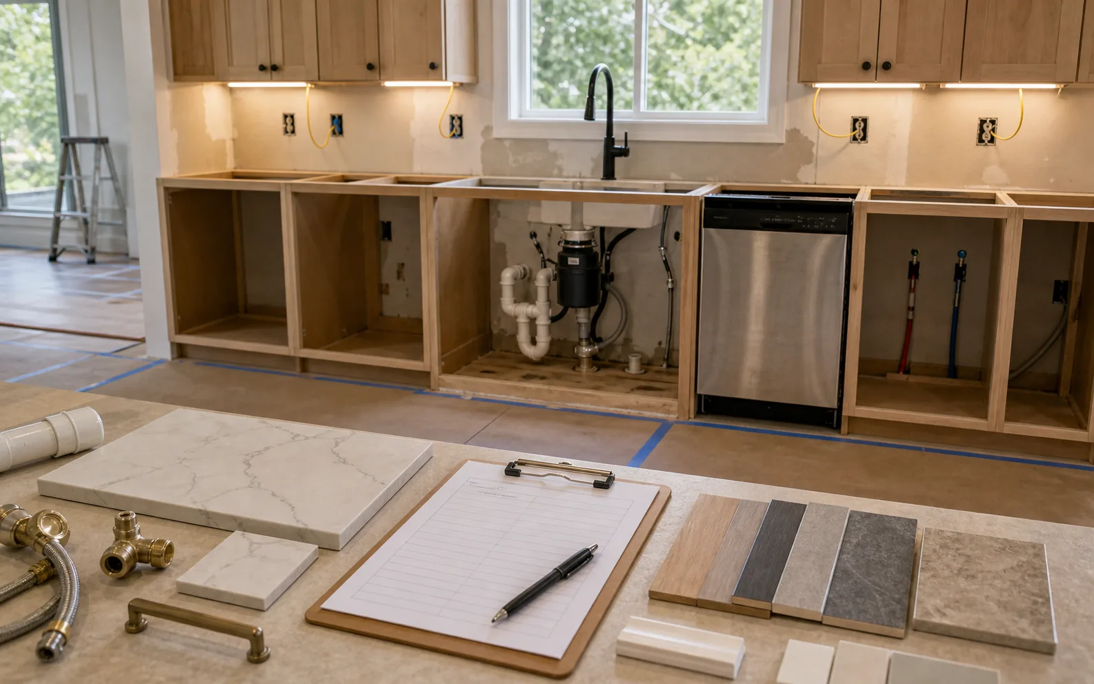 Kitchen rough-in detail with plumbing lighting wire outlet boxes flooring transition and planning sheet