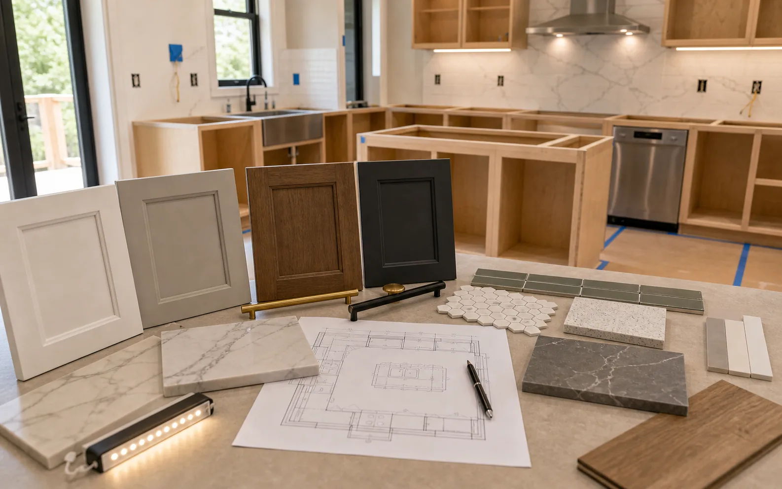 Kitchen cabinet and counter selection with cabinet boxes door samples counter slabs backsplash tile and plan