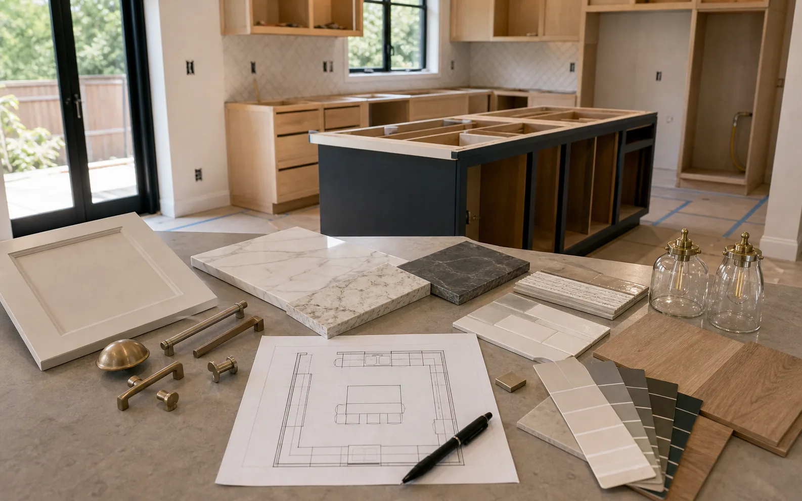 Kitchen selections planning with cabinet counter backsplash lighting flooring and hardware samples