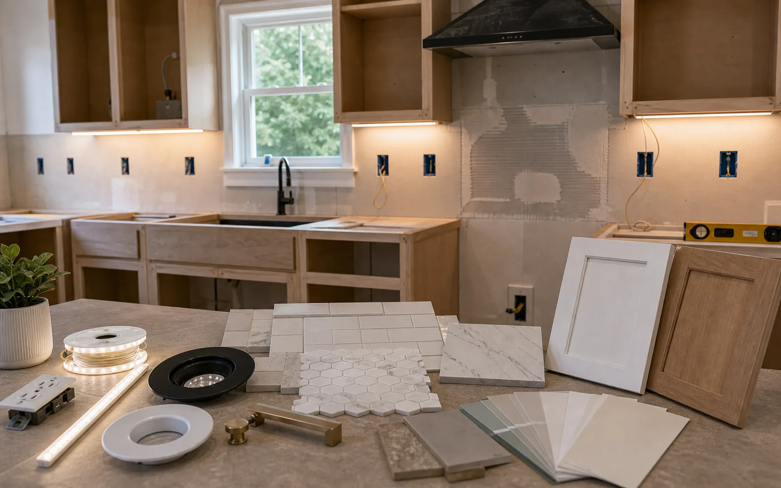Kitchen lighting and backsplash planning with under cabinet light strip outlet boxes range hood area and samples