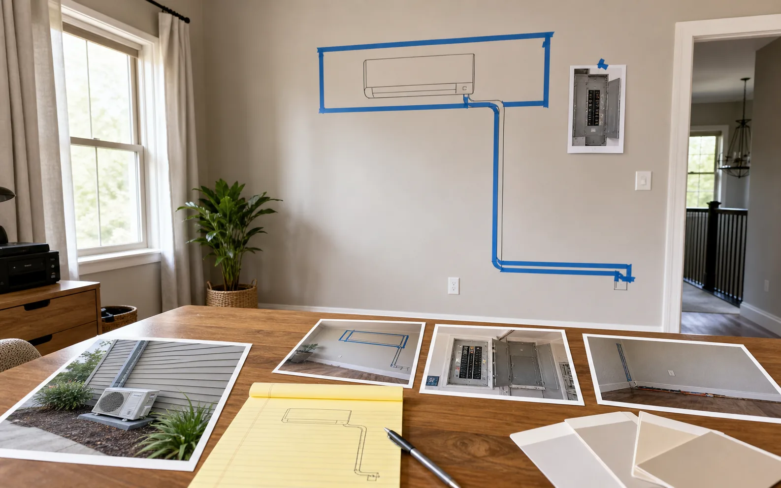 Room comfort planning scene with mini split wall location route photos and finish samples
