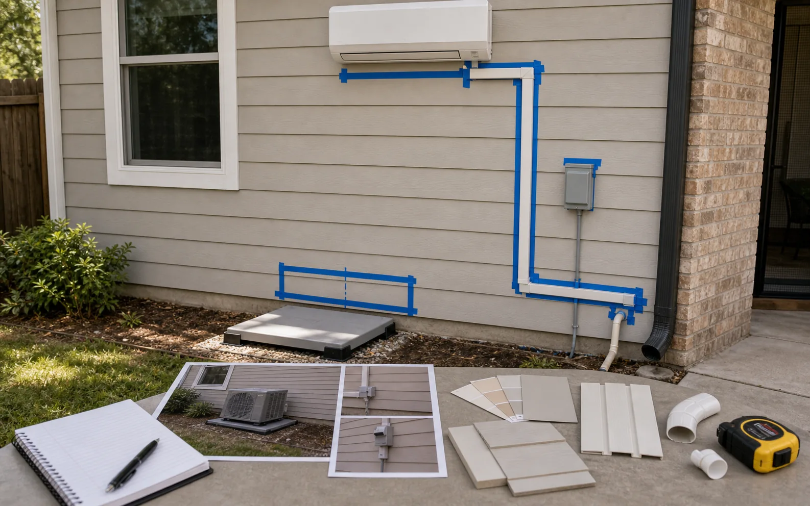 Mini split exterior planning with line set route condenser pad drain path and paint samples