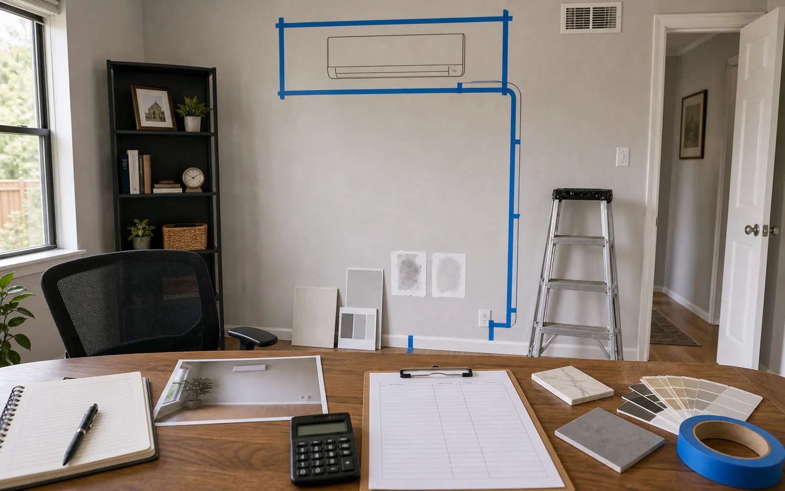 Mini split interior placement planning with taped head location room clearances and drywall samples