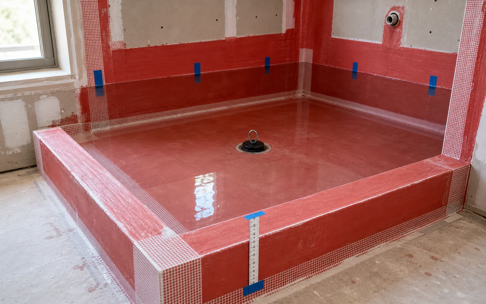 Shower pan flood test setup with temporary drain plug and waterproofed curb