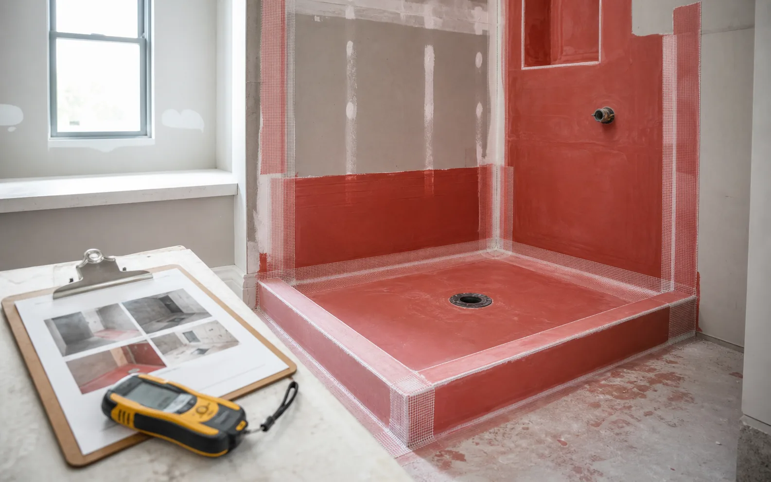 Custom shower waterproofing in progress with red membrane drain detail and documentation tools
