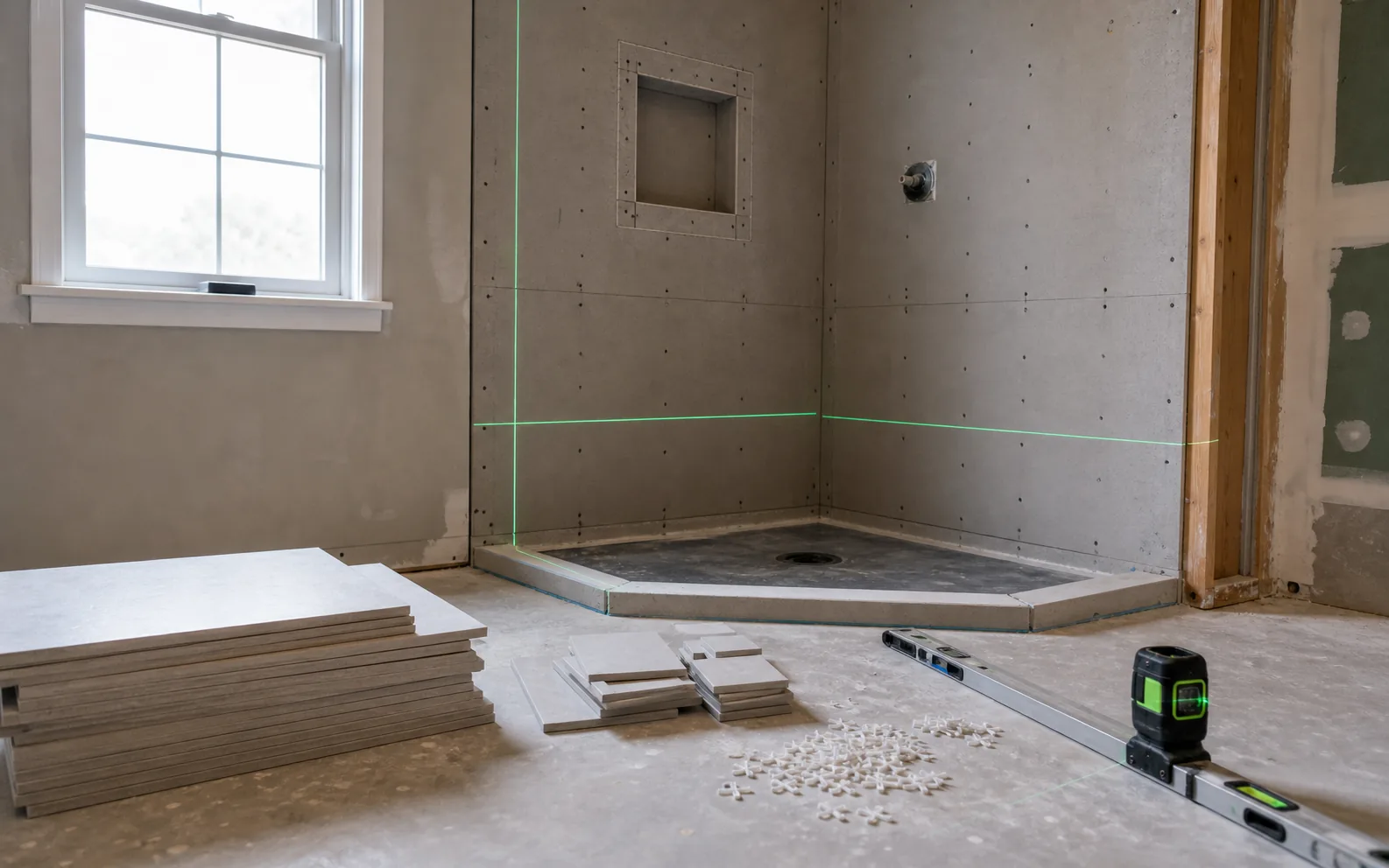 Shower tile layout planning with level lines tile stacks spacers and laser level