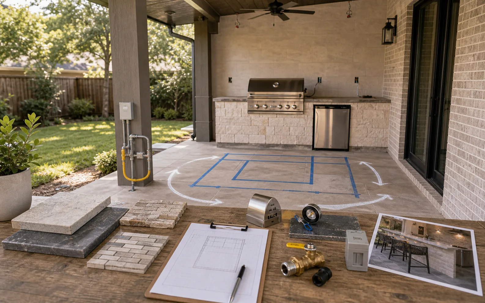 Outdoor kitchen planning with grill island footprint seating clearance fan lighting and utility samples
