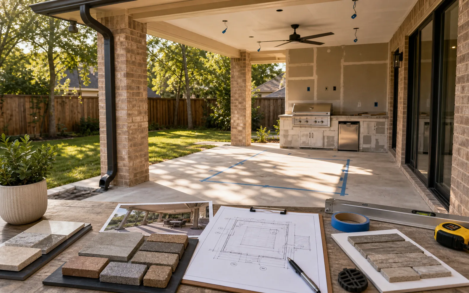 Houston outdoor living planning with covered patio drainage roof runoff fan lighting and grill zone samples