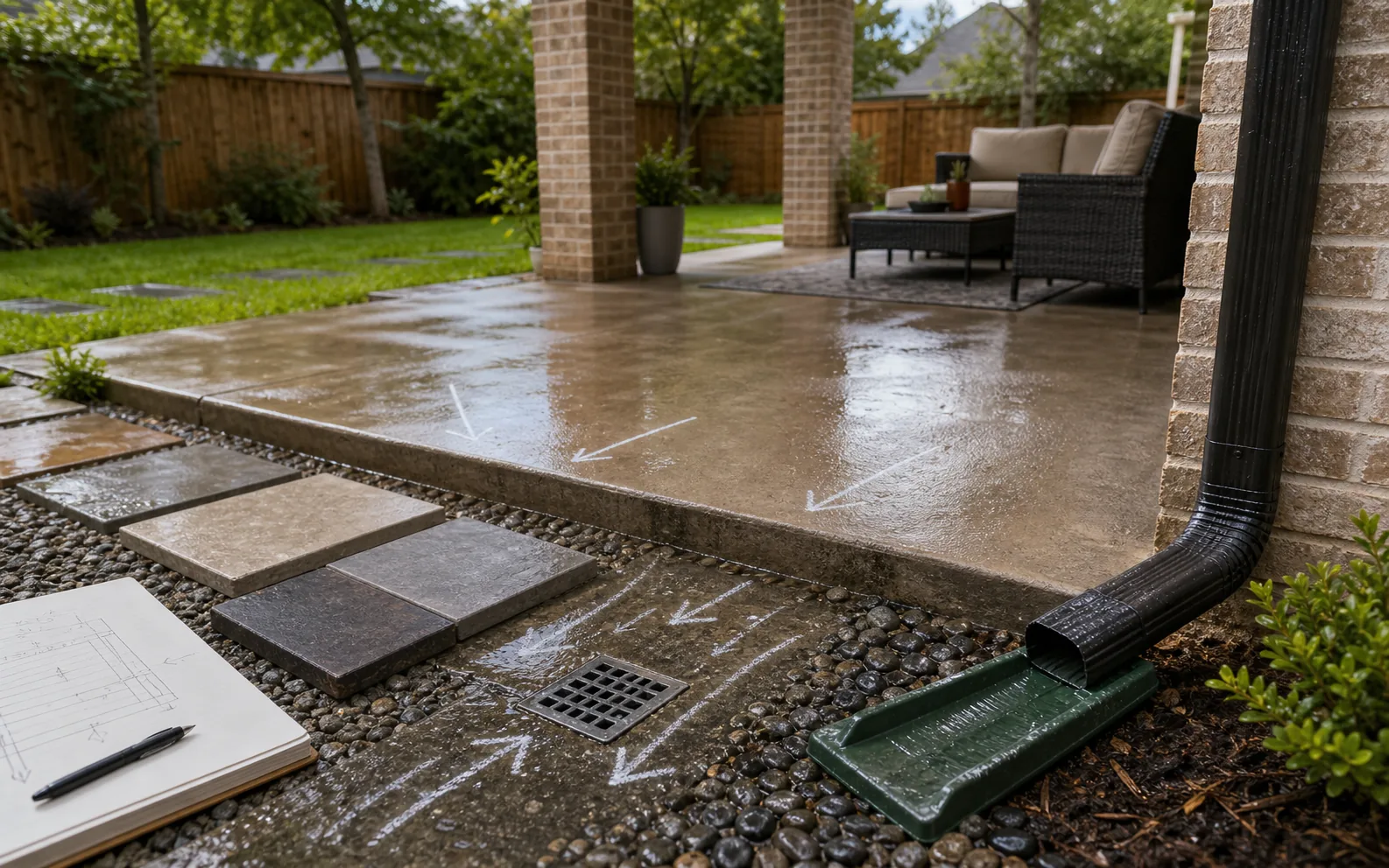 Outdoor living drainage planning after rain with patio edge downspout splash blocks area drain and pavers