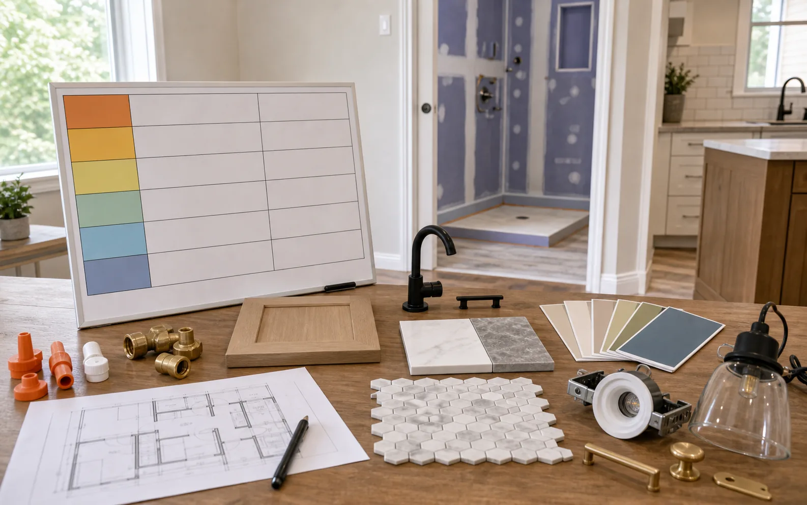 Remodel decision board with samples rough-in markers lighting hardware tile and paint choices