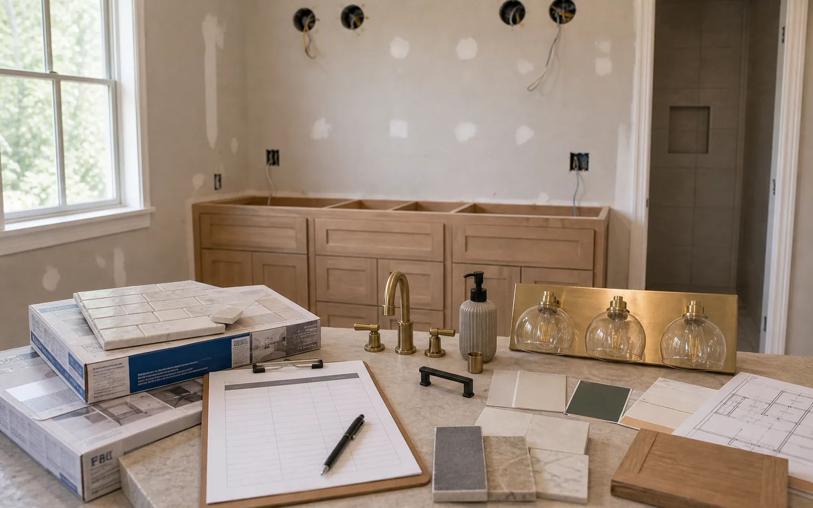 Unfinished bathroom vanity area waiting on fixture tile paint and lighting decisions