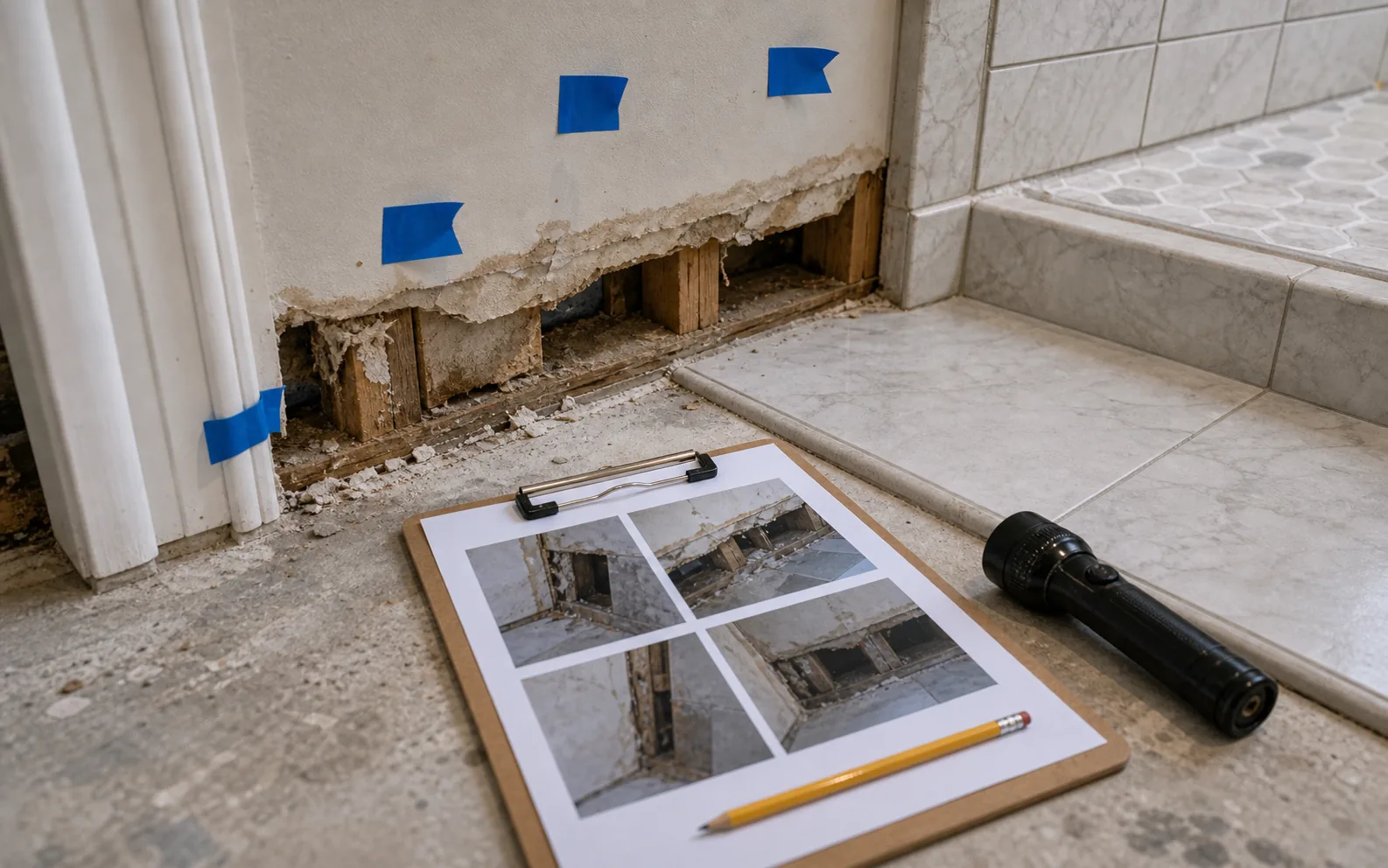 Remodel defect documentation with blue tape flags close photos flashlight and clipboard