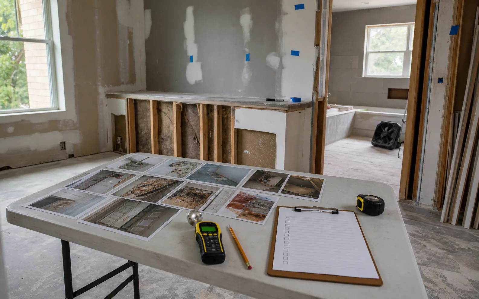 Unfinished remodel room with repair photos checklist blue tape and moisture meter