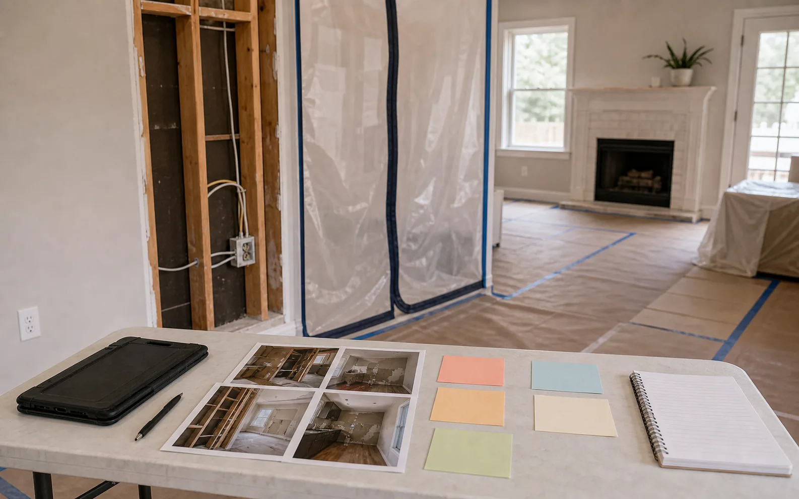 Paused remodel area with floor protection dust barrier wall opening and repair planning cards