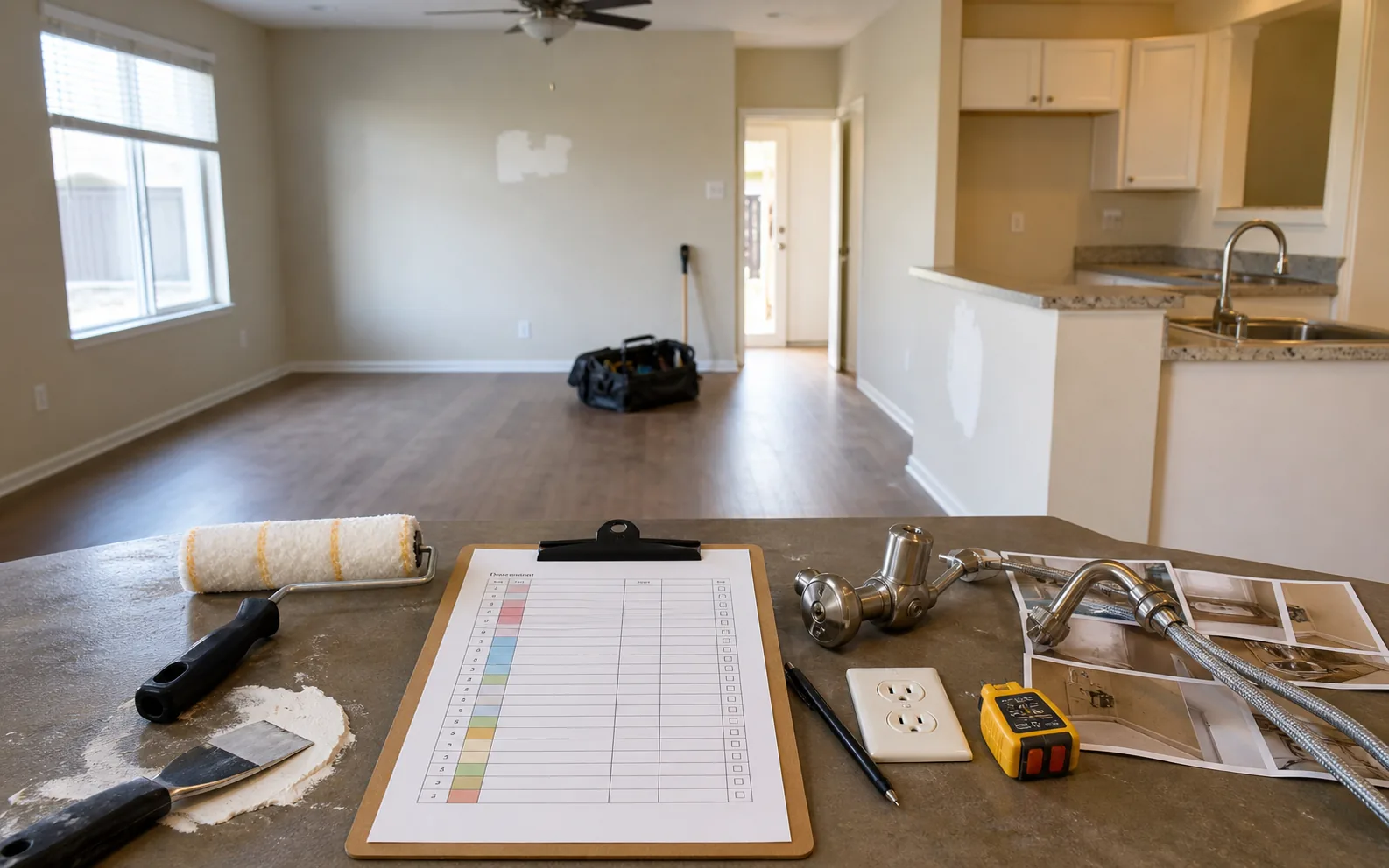 Vacant rental unit with repair checklist paint roller faucet parts outlet tester and door hardware