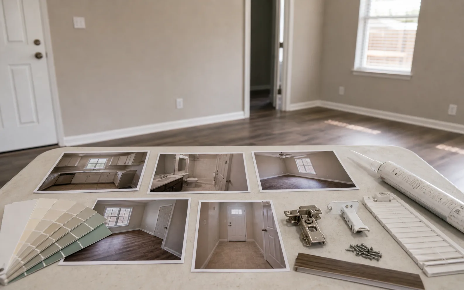 Room by room rental turnover photos with paint swatches caulk hinge bracket and floor transition