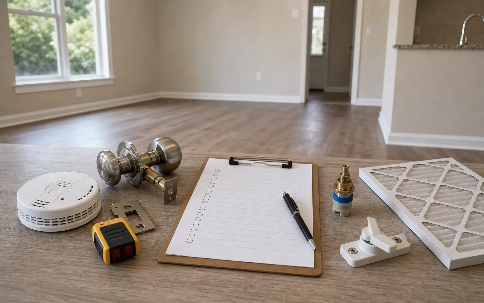 Rental turnover safety items including smoke alarm lockset window latch outlet tester faucet parts and HVAC filter