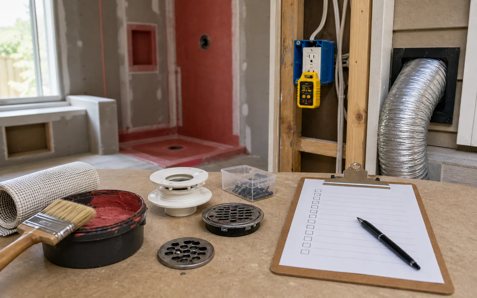 Construction quality planning with fan duct GFCI tester waterproofing brush and drain parts