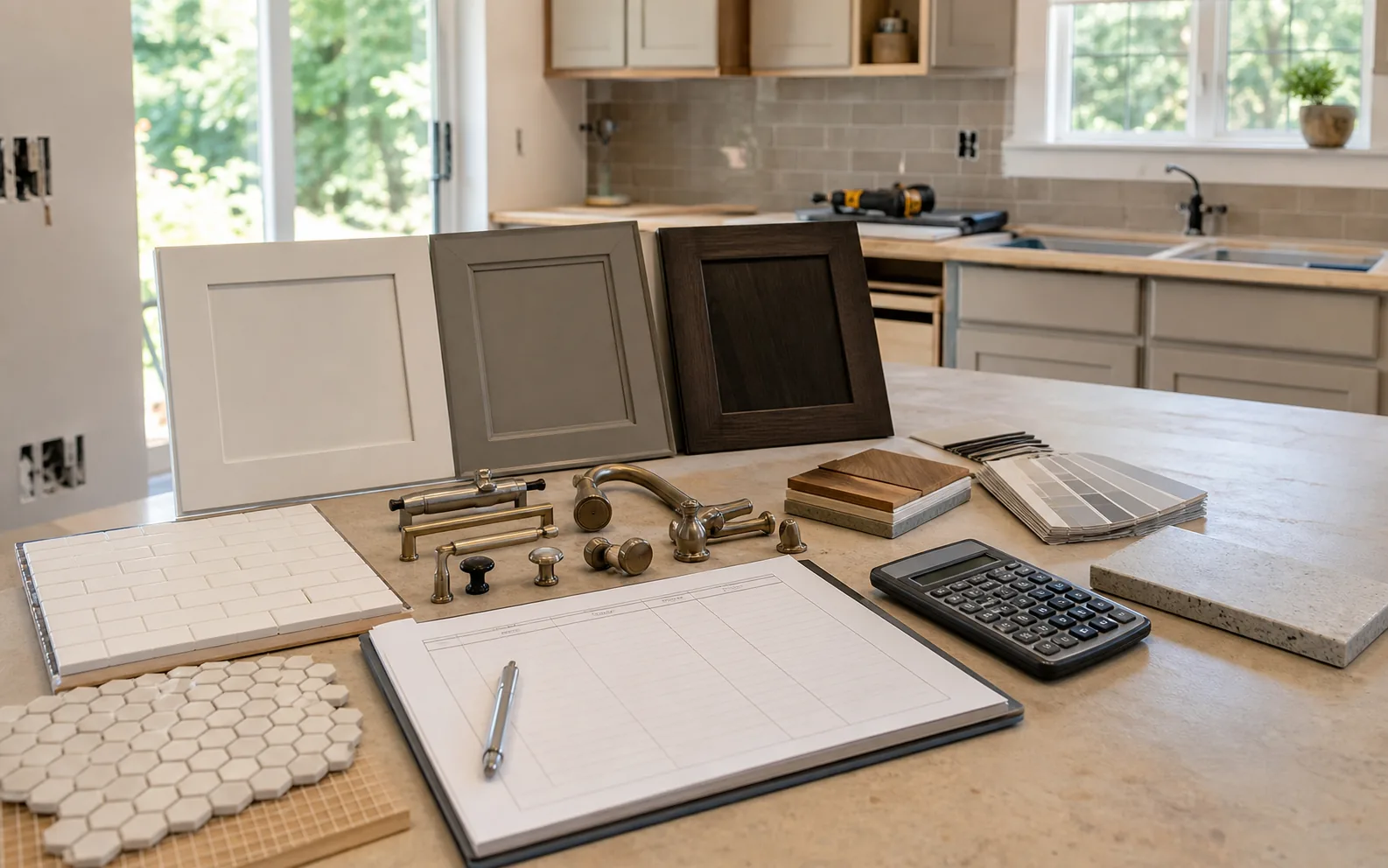 Remodel budget planning table with practical material options calculator and fixture samples