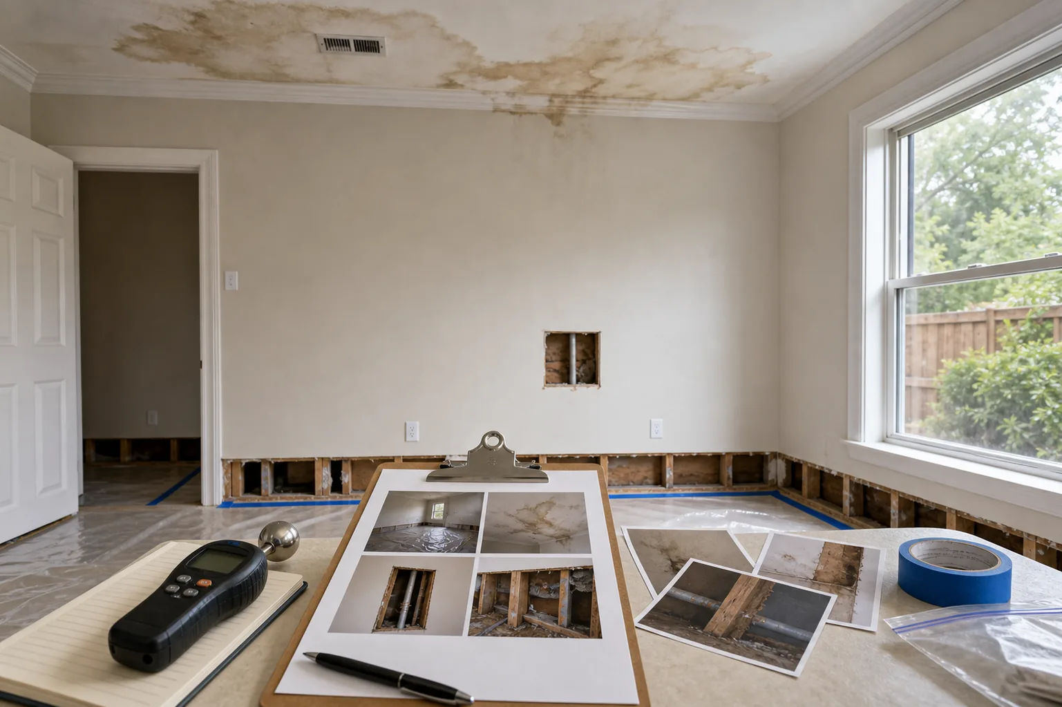 Water damage documentation scene with ceiling stain drywall opening protected floor and moisture meter